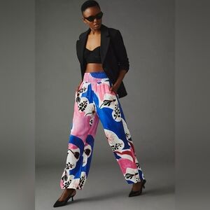 Anthro Maeve Lisa Sander Wide Leg Pants Pink Blue Floral Smocked Waist